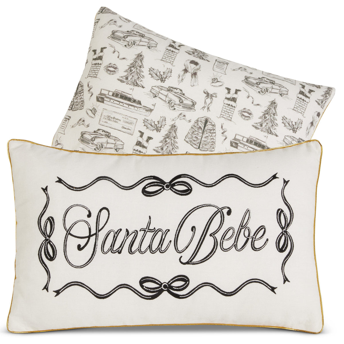 Rectangular lumbar pillow with 'Santa Bebe' embroidered script in decorative black frame with bow details