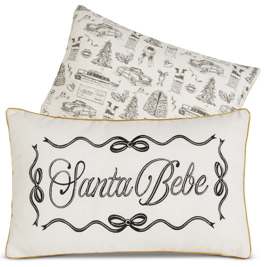 Rectangular lumbar pillow with 'Santa Bebe' embroidered script in decorative black frame with bow details