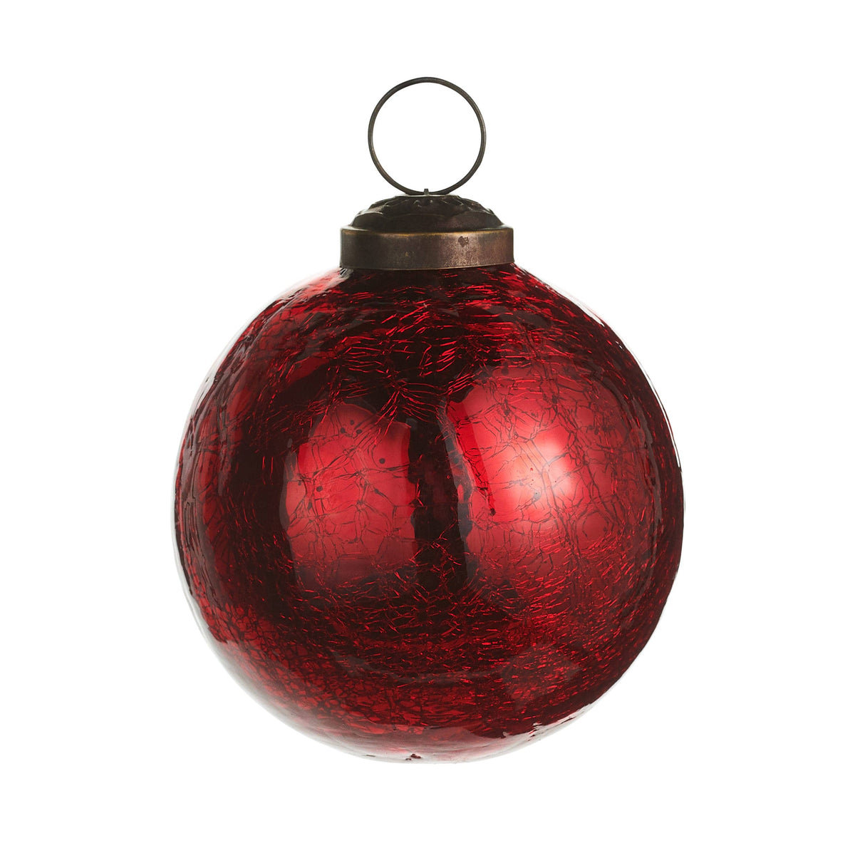 Round red crackle glass Christmas ball ornament with antique brass cap and metal loop hanger