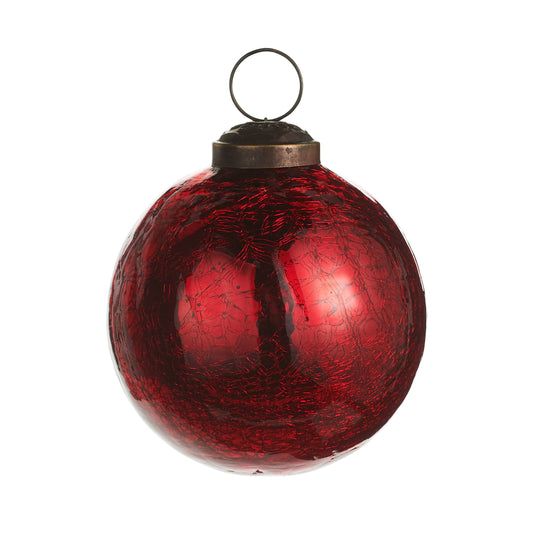 Round red crackle glass Christmas ball ornament with antique brass cap and metal loop hanger