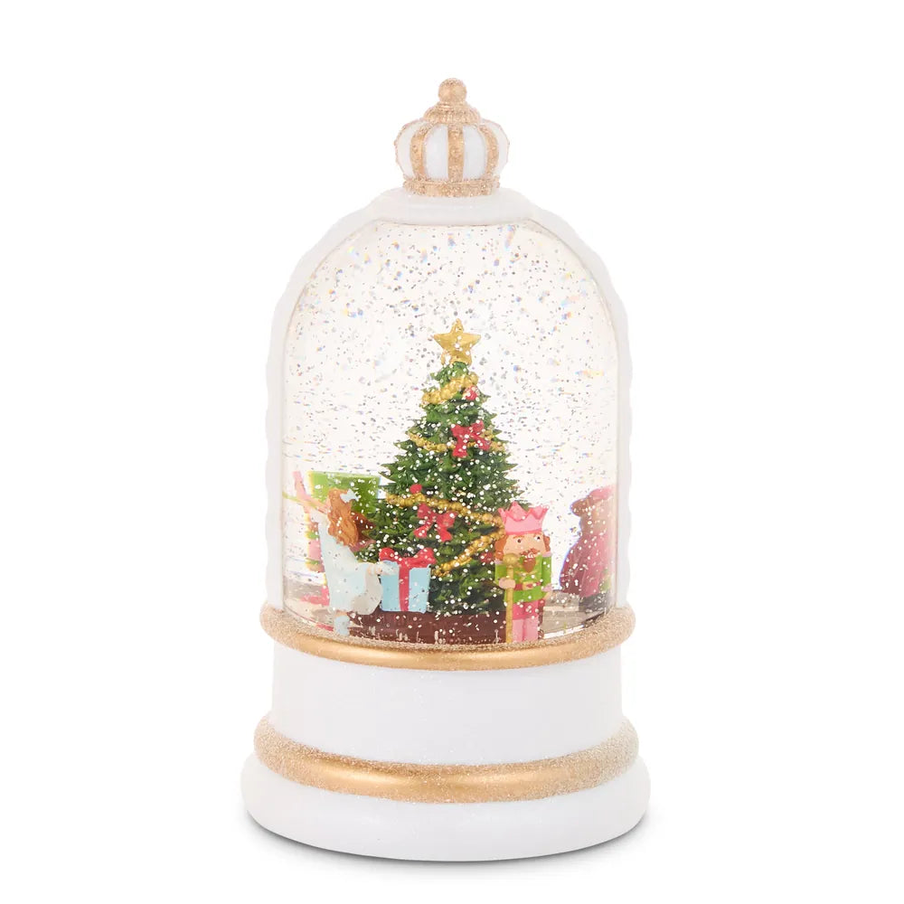 White and gold dome snow globe with lit Nutcracker Christmas tree scene inside