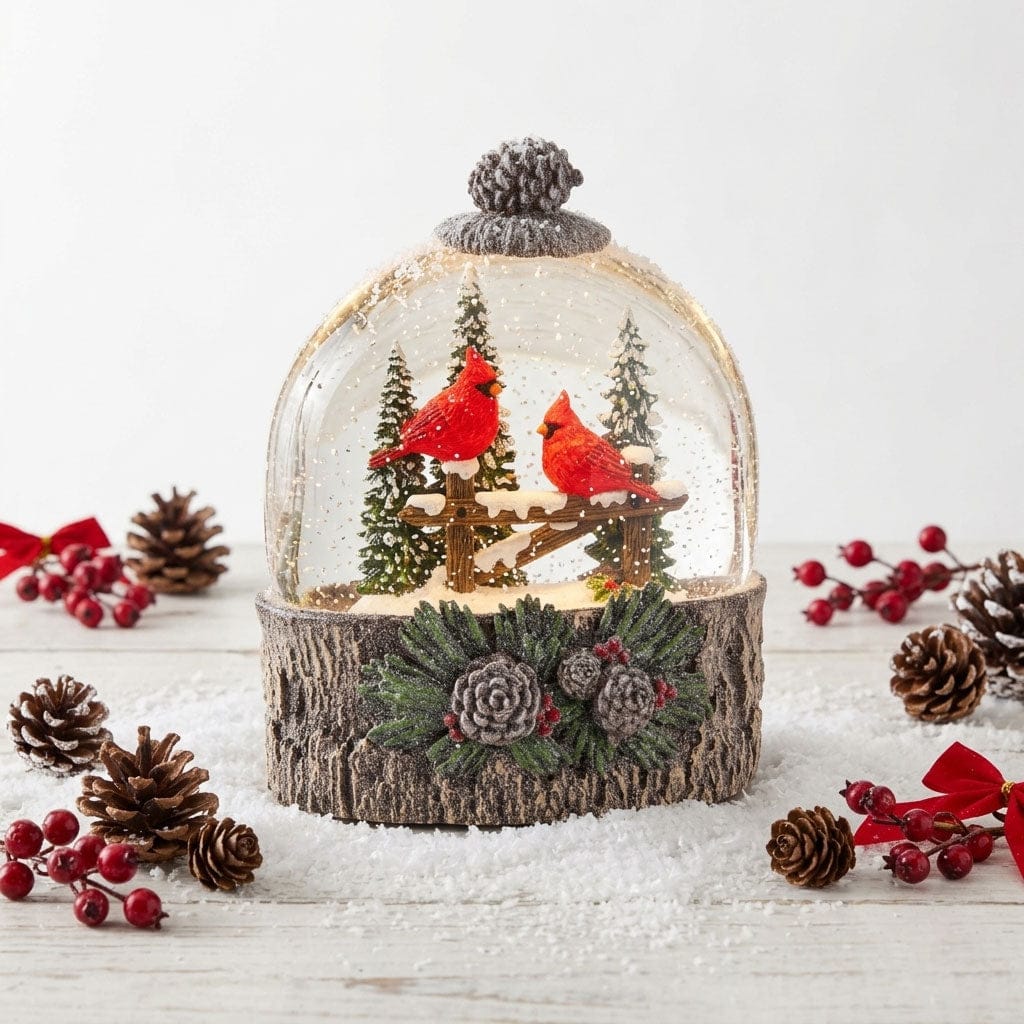 Lighted water globe with two red cardinals on a snowy fence, wood-bark base with pine cones