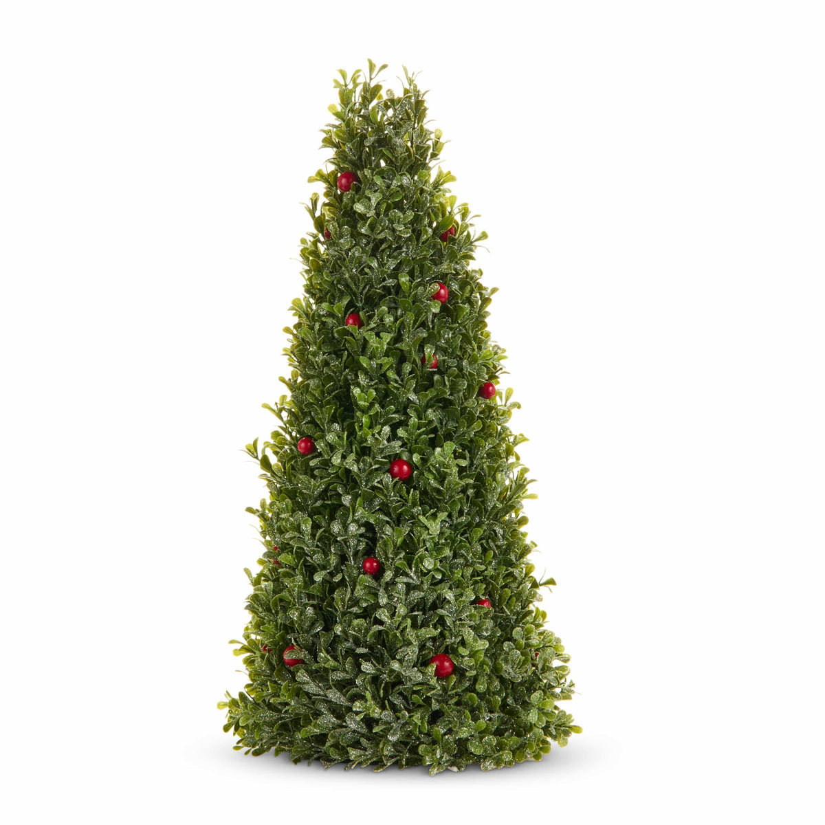 Cone-shaped frosted boxwood topiary tree decorated with red berries, front view