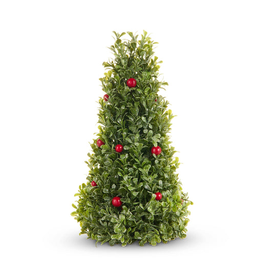 Cone-shaped frosted green foliage tabletop tree decorated with red berry ornaments, front view