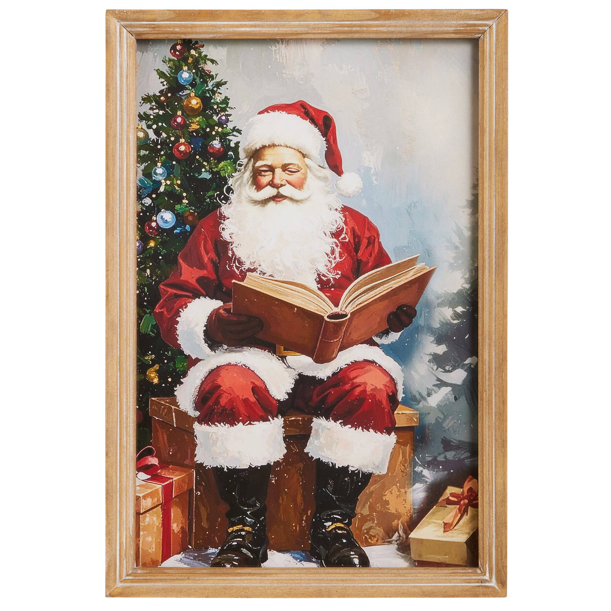 Framed wall art print of Santa Claus reading a book beside a decorated Christmas tree with gifts