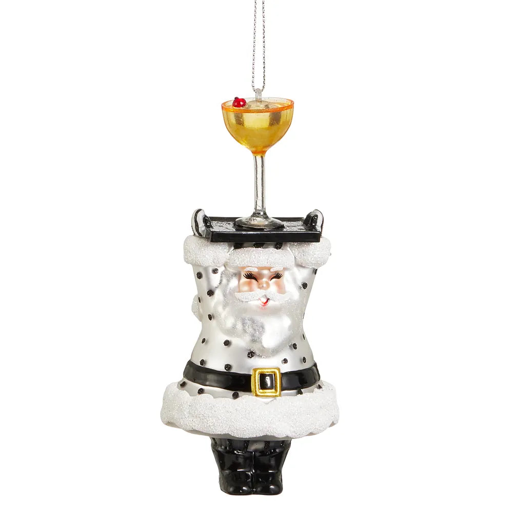 Glass Santa ornament in white polka dot suit holding cocktail tray with champagne coupe