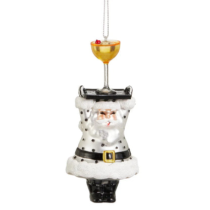 Glass Santa ornament in white polka dot suit holding cocktail tray with champagne coupe