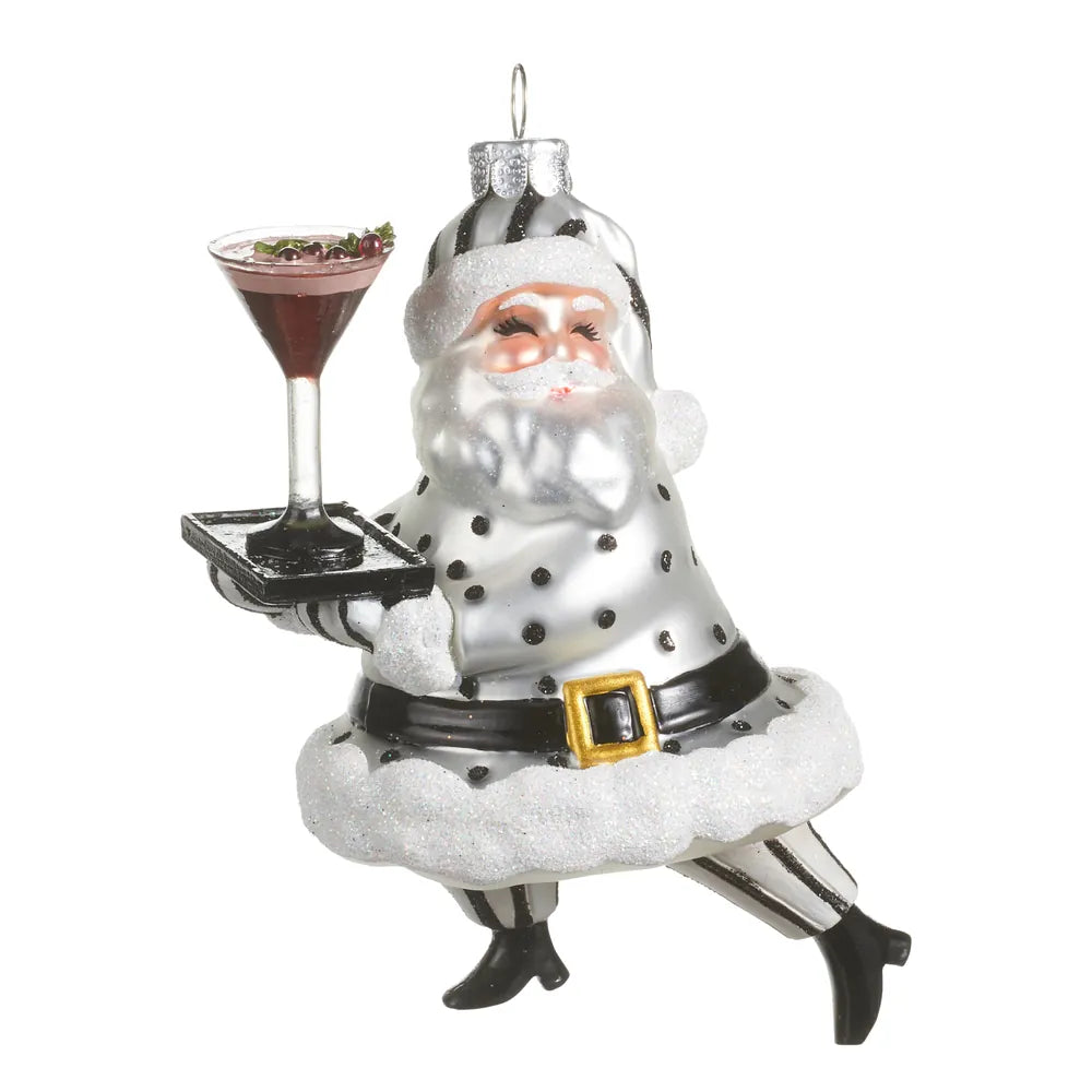Black and white polka dot Santa ornament holding martini glass on tray