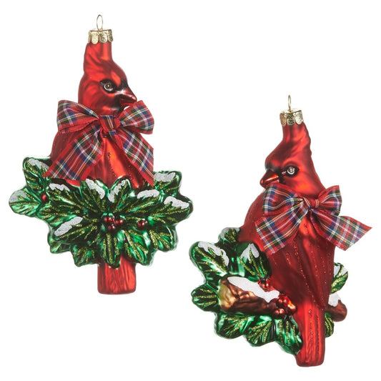 Red cardinal glass Christmas ornaments with holly leaves and plaid bow, set of 2