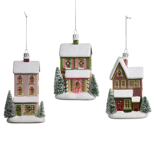 Set of three glass house Christmas ornaments with snow-covered roofs and miniature bottle brush trees