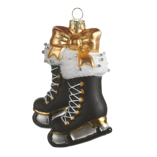 Black and gold glass ice skates Christmas ornament with white fur trim and bow