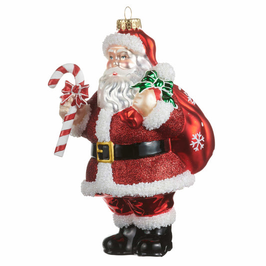 Glittery glass Santa Claus ornament holding a candy cane and gift sack, front view