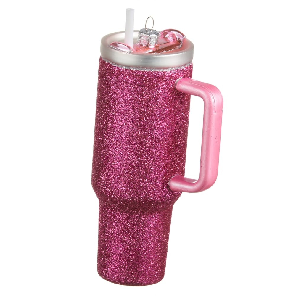 Glittery hot pink tumbler Christmas ornament with handle and straw, 7 inches tall