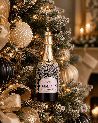 Glass champagne bottle ornament with crystal beading, rose gold neck, and 'Cheers' label on Christmas tree