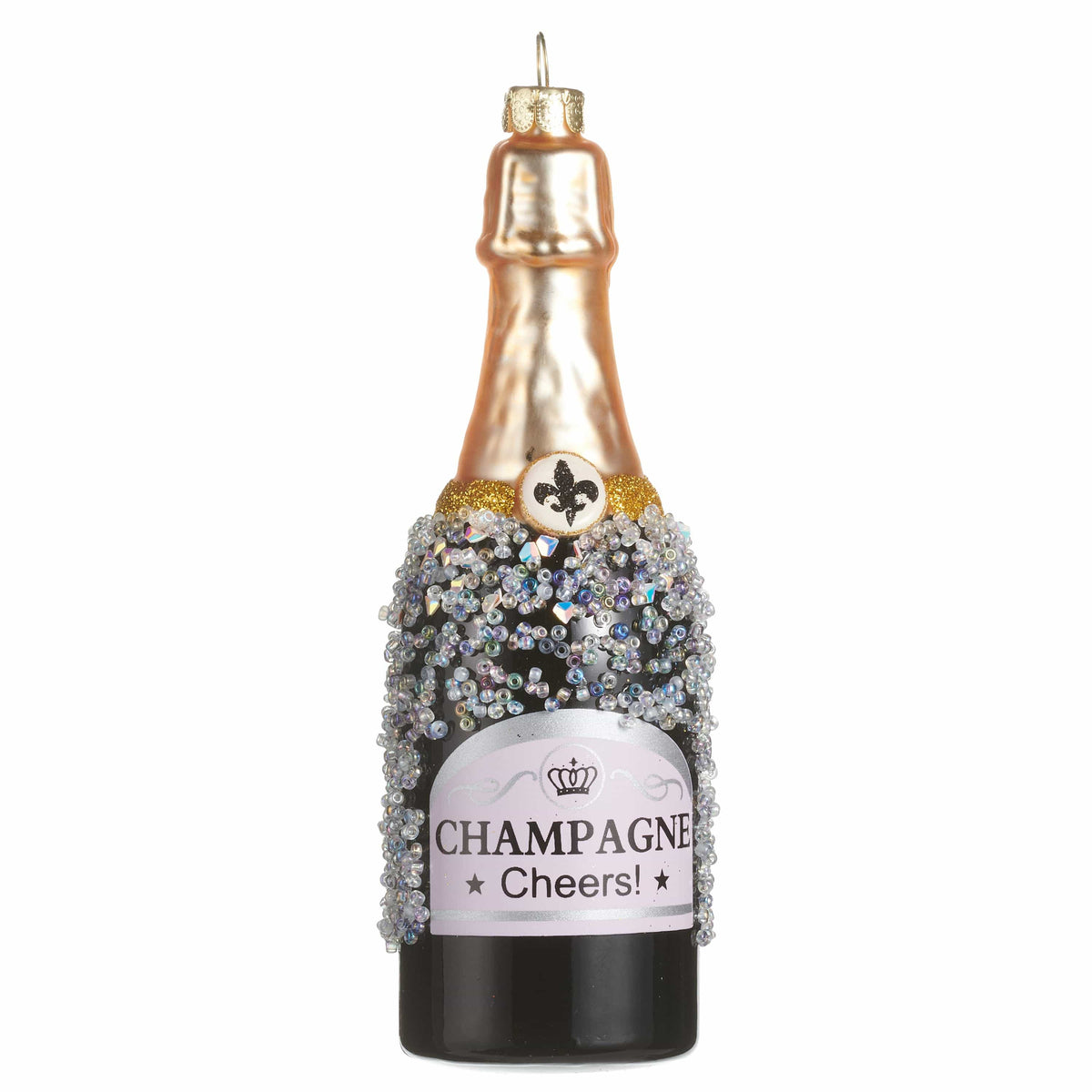Glass champagne bottle ornament with beaded embellishments and 'Cheers' label, front view