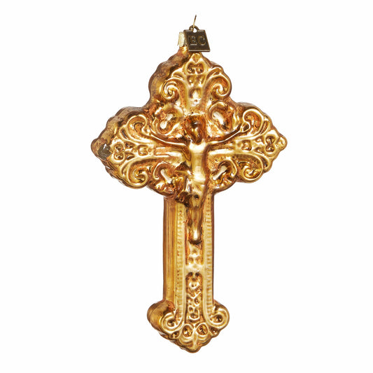 Ornate gold crucifix Christmas ornament with scrollwork details and Christ figure, front view
