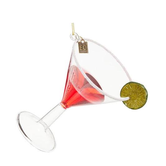 Glass cosmopolitan cocktail ornament with red liquid lime slice and sugared rim