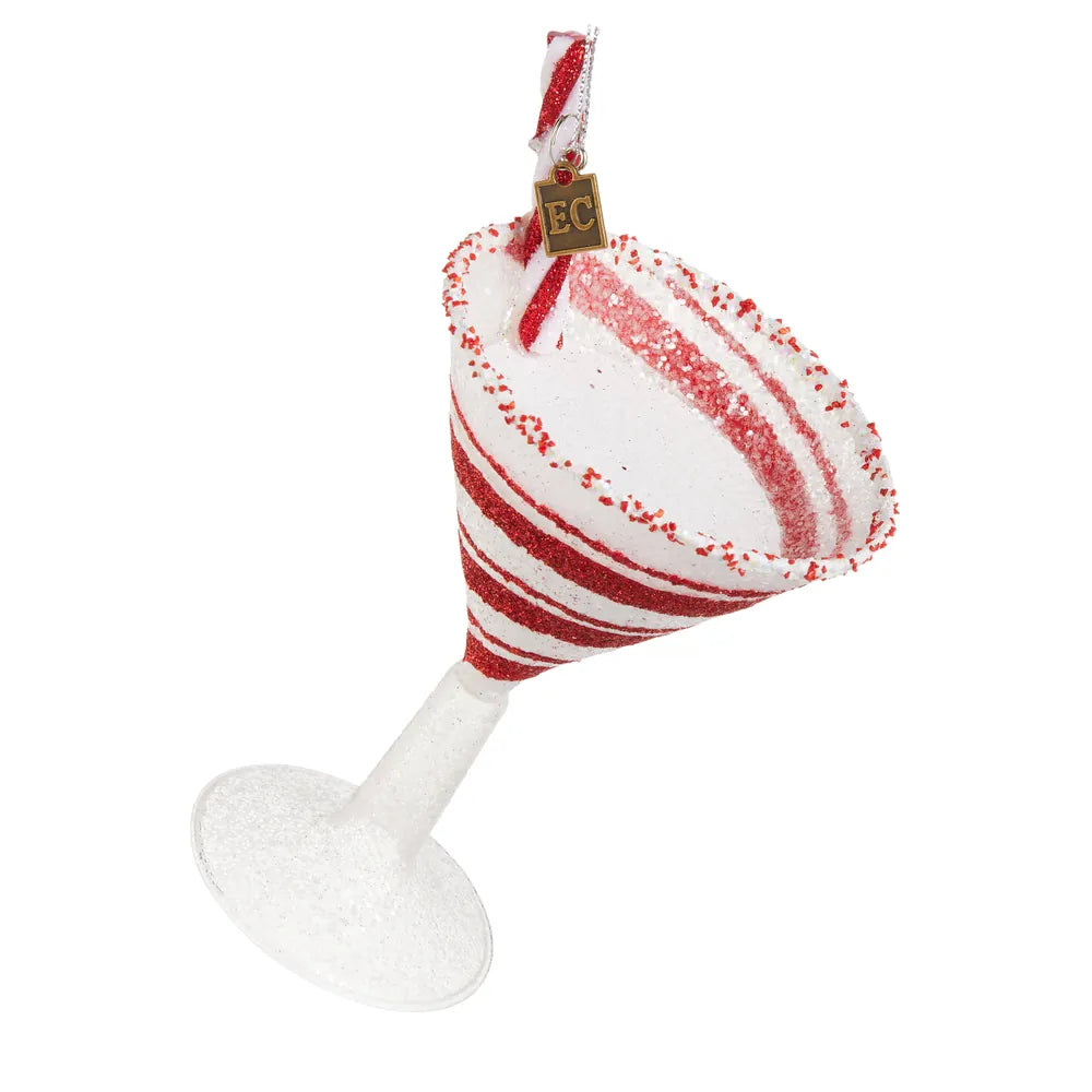 Red and white glitter peppermint swirl martini glass Christmas tree ornament with candy cane straw
