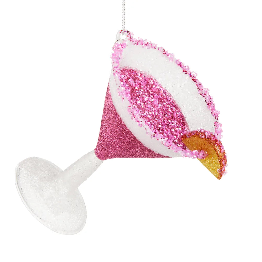 Pink glitter martini cocktail glass Christmas ornament with sugared rim and citrus slice