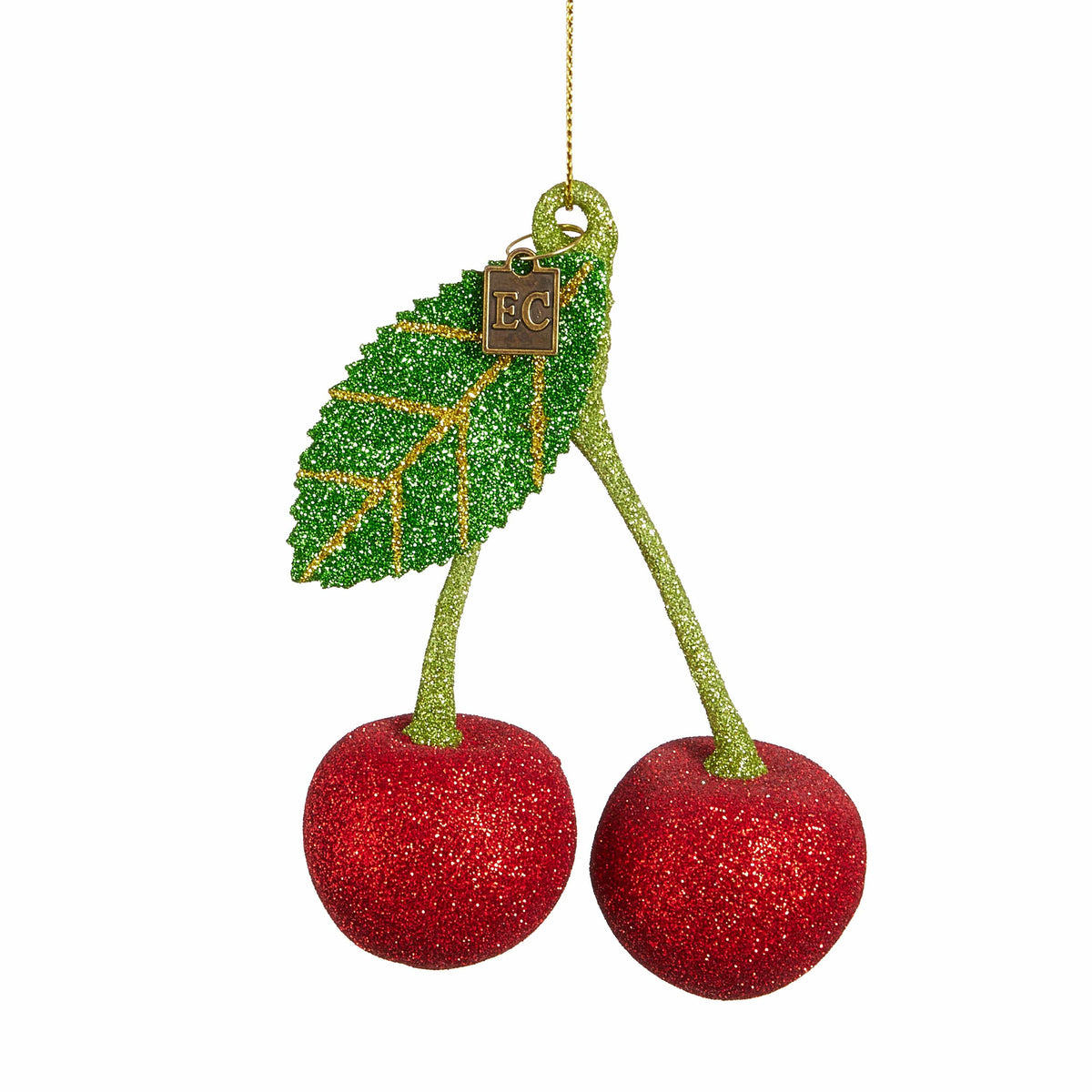 Glitter-covered double cherry ornament with green stems and leaf, hanging display
