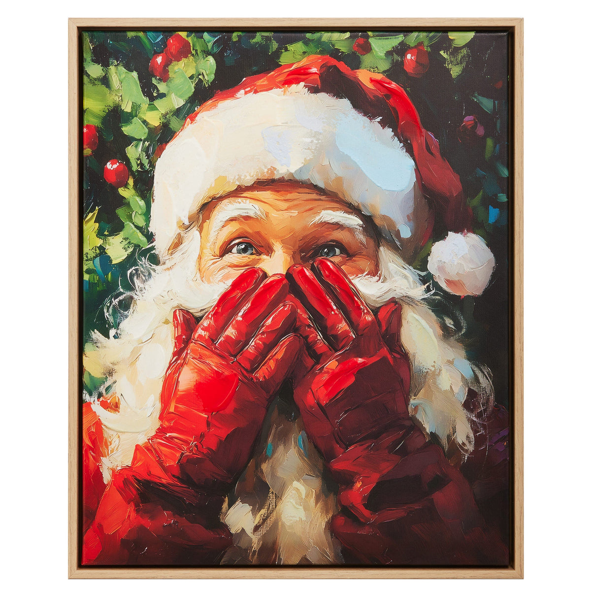 Framed oil-style canvas painting of Santa Claus with red gloves covering his surprised face