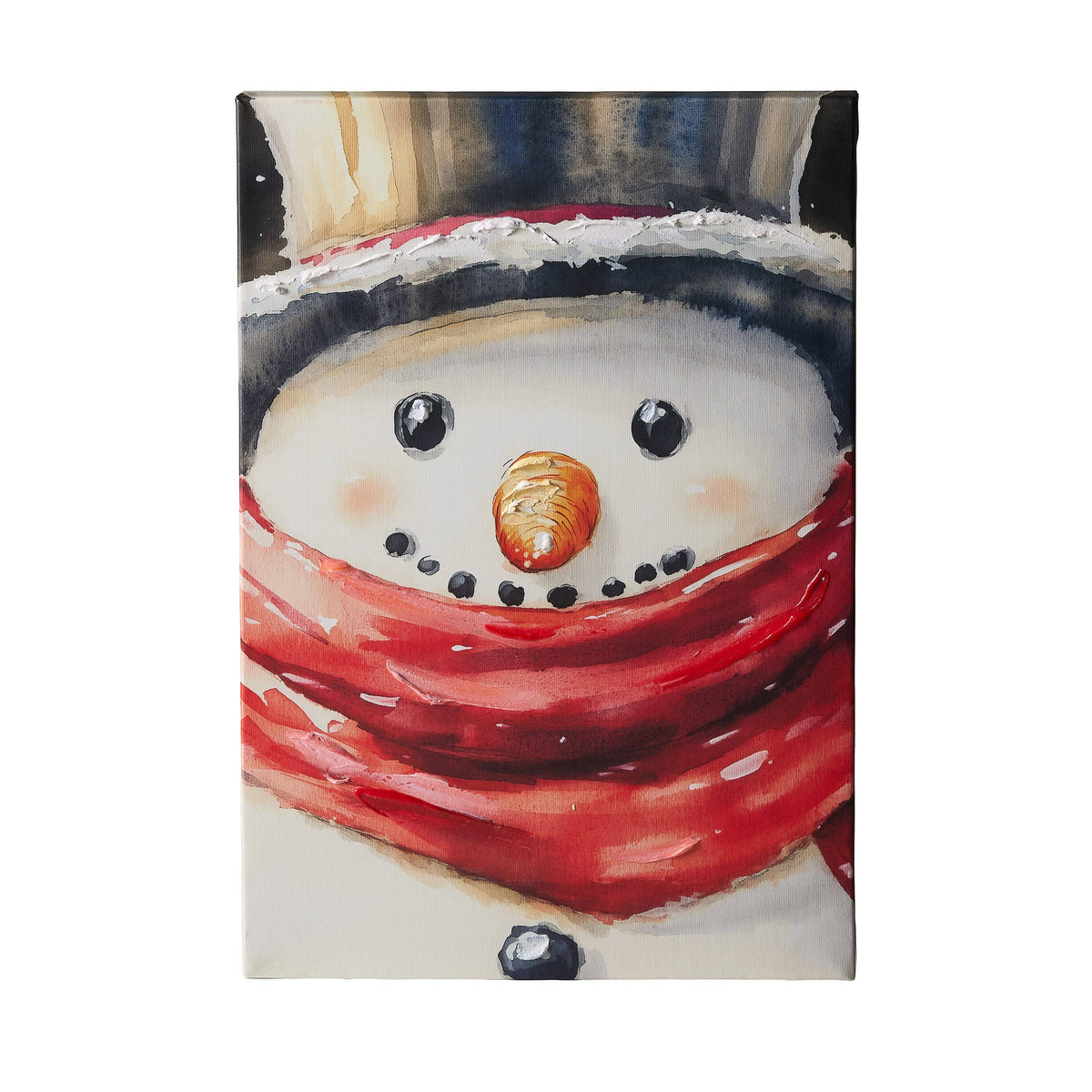 Canvas wall art close-up of a snowman with black top hat, red scarf, and carrot nose