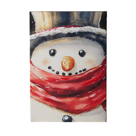 Canvas wall art close-up of a snowman with black top hat, red scarf, and carrot nose
