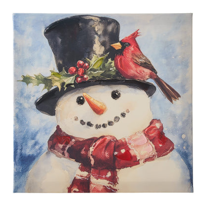 Canvas wall art of a smiling snowman in a black top hat with a red cardinal and holly