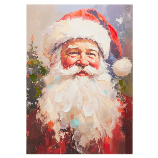 Oil painting style wall art portrait of Santa Claus with white beard and red hat, Christmas tree background