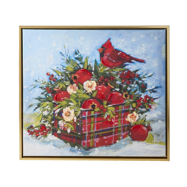 Framed canvas wall art depicting cardinal bird on plaid basket with winter botanicals