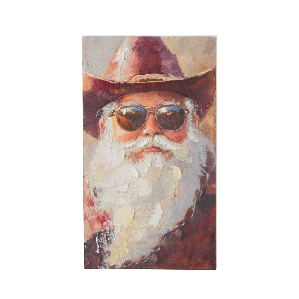 Oil-style painting of Santa Claus wearing cowboy hat and sunglasses on wood panel