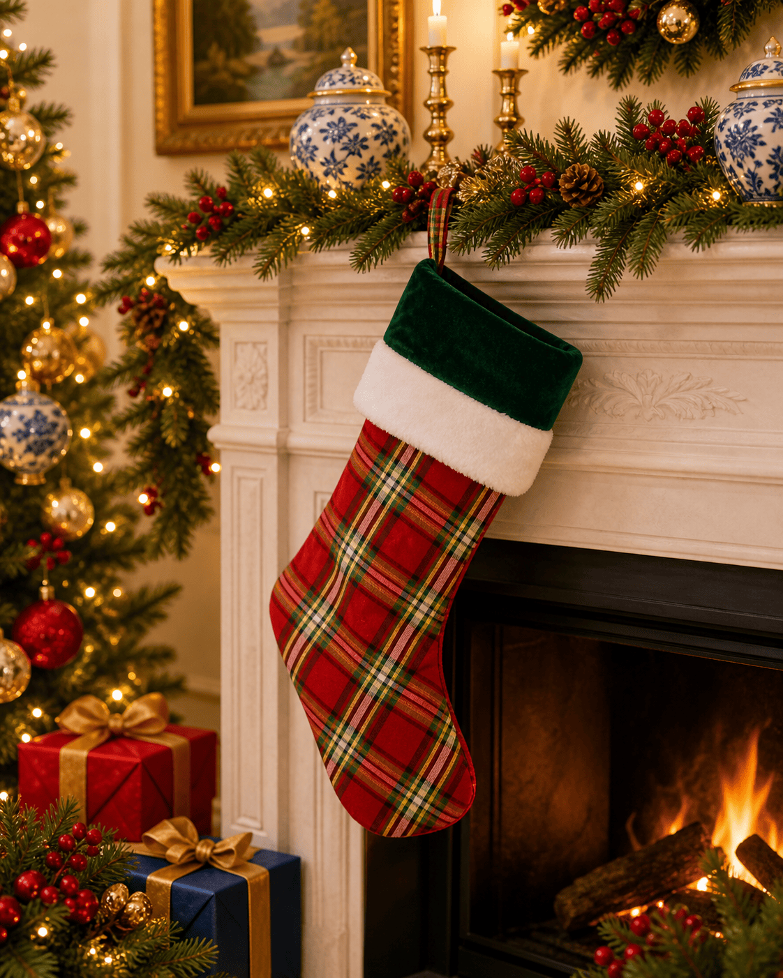 Large plaid Christmas stocking with green velvet cuff and white faux fur trim, hung on fireplace mantel