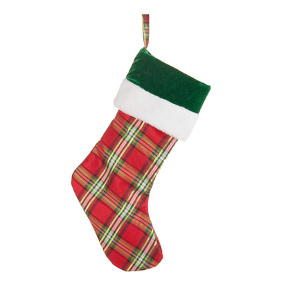 Plaid Christmas stocking with green velvet cuff, white faux fur trim, and ribbon hanger