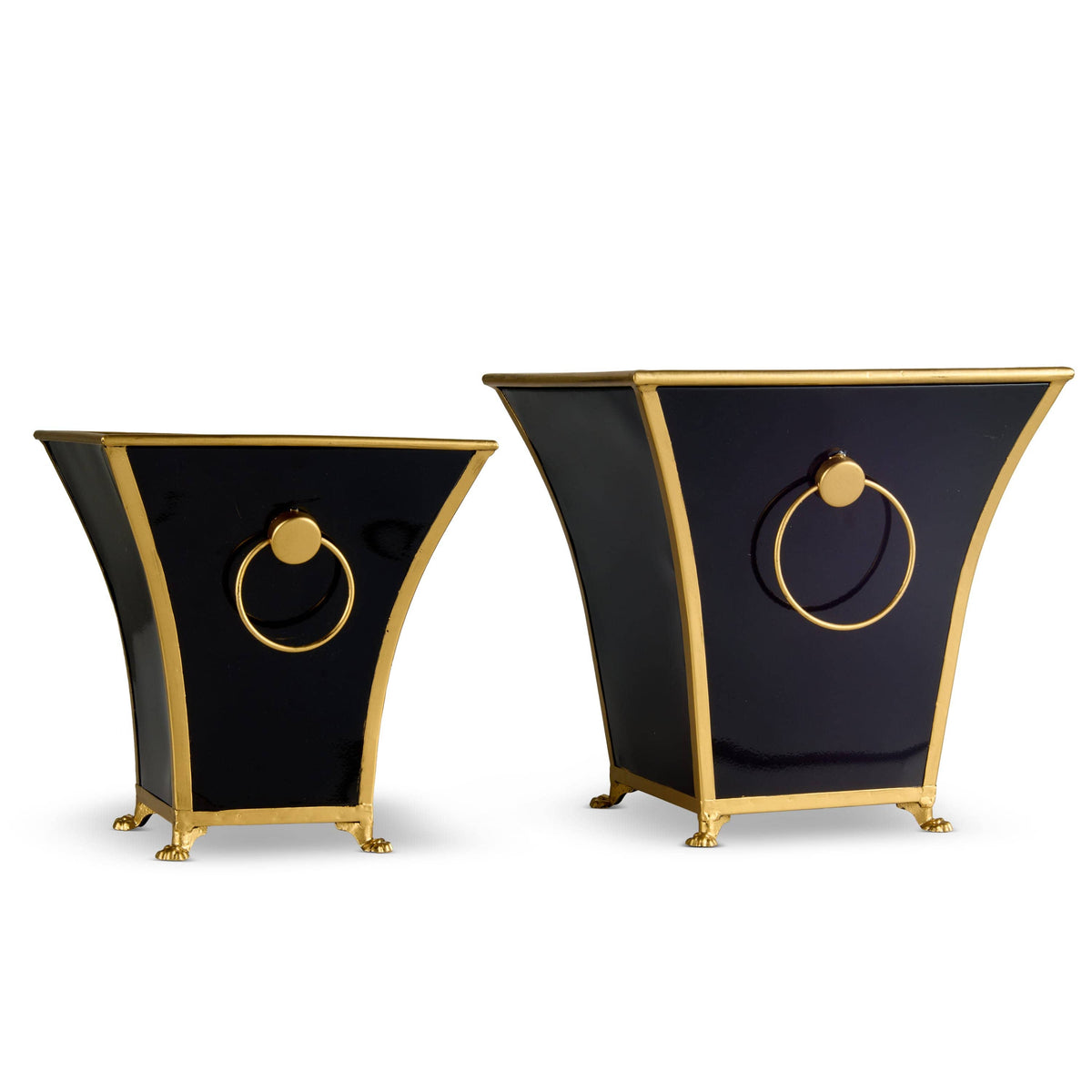 Pair of tapered square black cache pots with gold trim, ring handles, and claw feet