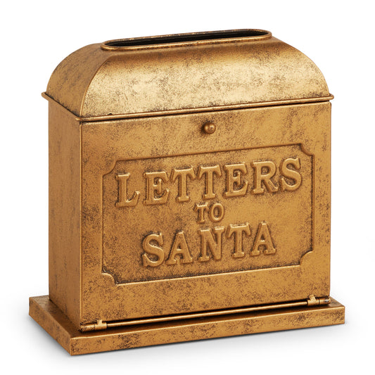Antique gold metal mailbox with embossed 'Letters to Santa' text, dome-shaped lid with mail slot