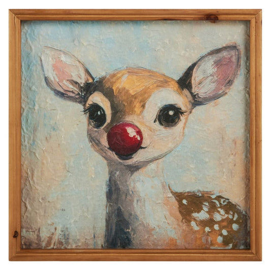 Framed oil-style painting of a wide-eyed fawn with a glowing red nose