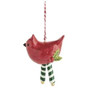 Mudpie red cardinal Christmas ornament with striped green legs and red twine hanger