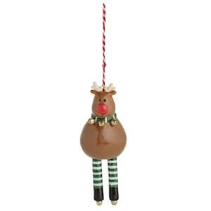 Mudpie brown reindeer ornament with red nose, striped dangle legs, and twine hanger