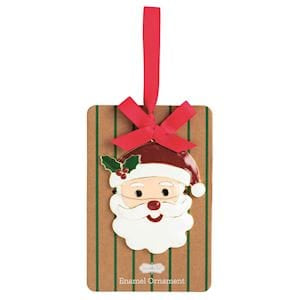 Mudpie enamel Santa Claus ornament on striped green gift card backing with red bow