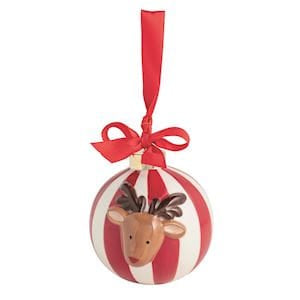 Red and white striped ball ornament with 3D reindeer face and red ribbon bow