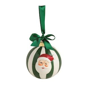 Green and white striped ball ornament with Santa face and green satin bow