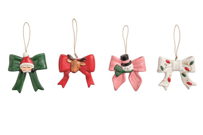 Set of 4 ceramic bow ornaments featuring Santa, reindeer, snowman, and Christmas lights