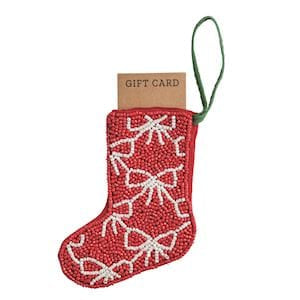 Mudpie red beaded Christmas stocking ornament with white bow pattern and gift card slot