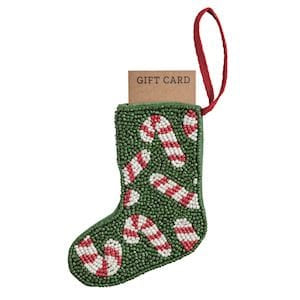 Mudpie green beaded Christmas stocking ornament with candy cane pattern and gift card slot