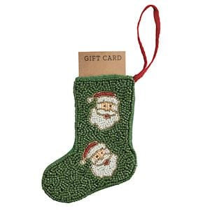 Mudpie green beaded Christmas stocking ornament with Santa Claus faces holding gift card