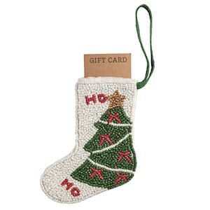 Mudpie beaded Christmas tree stocking ornament with HO HO text and gift card slot