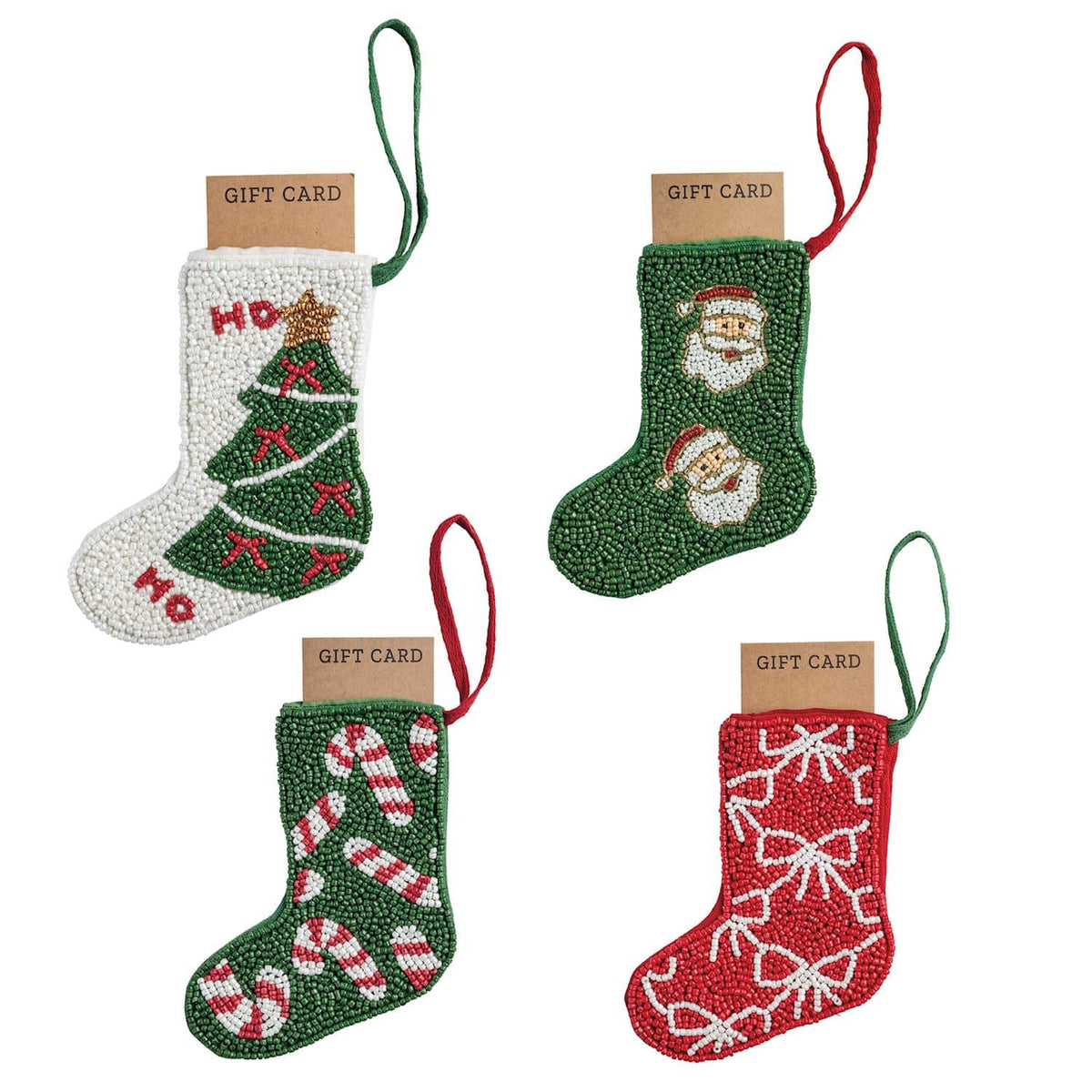 Four beaded Christmas stocking ornaments with gift card holders in holiday designs