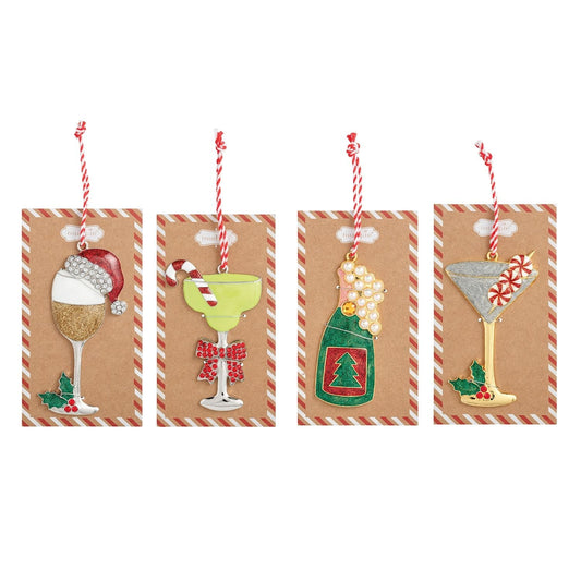 Set of 4 holiday cocktail enamel ornaments: wine glass, margarita, champagne bottle, martini