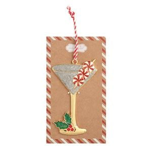 Mudpie gold enamel martini glass Christmas ornament with peppermints and holly