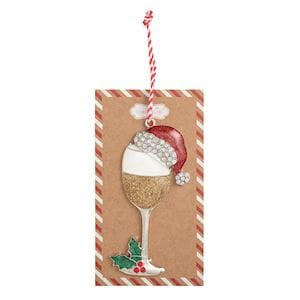 Glittery wine glass enamel ornament with Santa hat and holly holiday accent